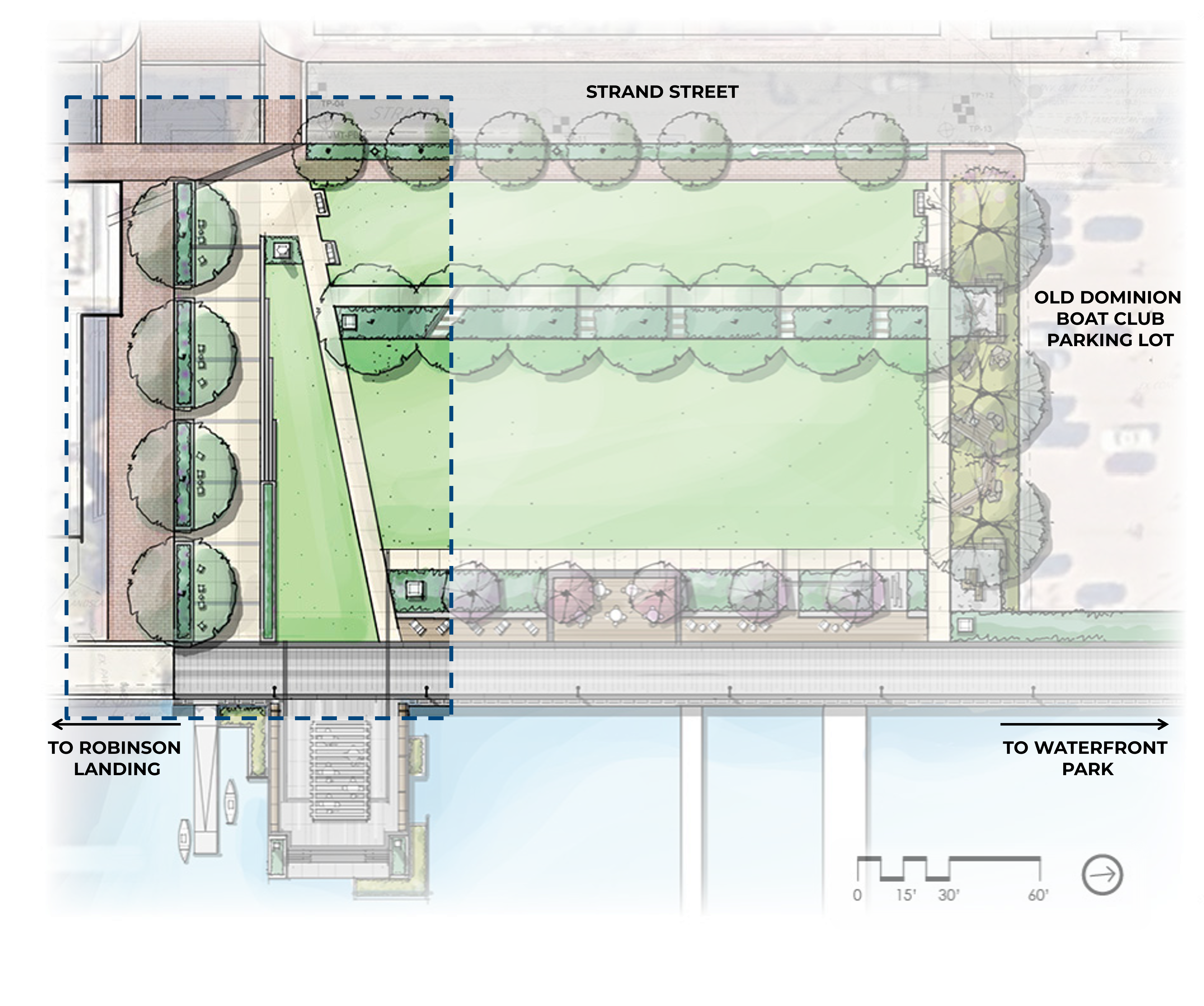 Bird's-eye view rendering of proposed landscape improvements for Point Lumley Park highlighting the Gateway Walk location.