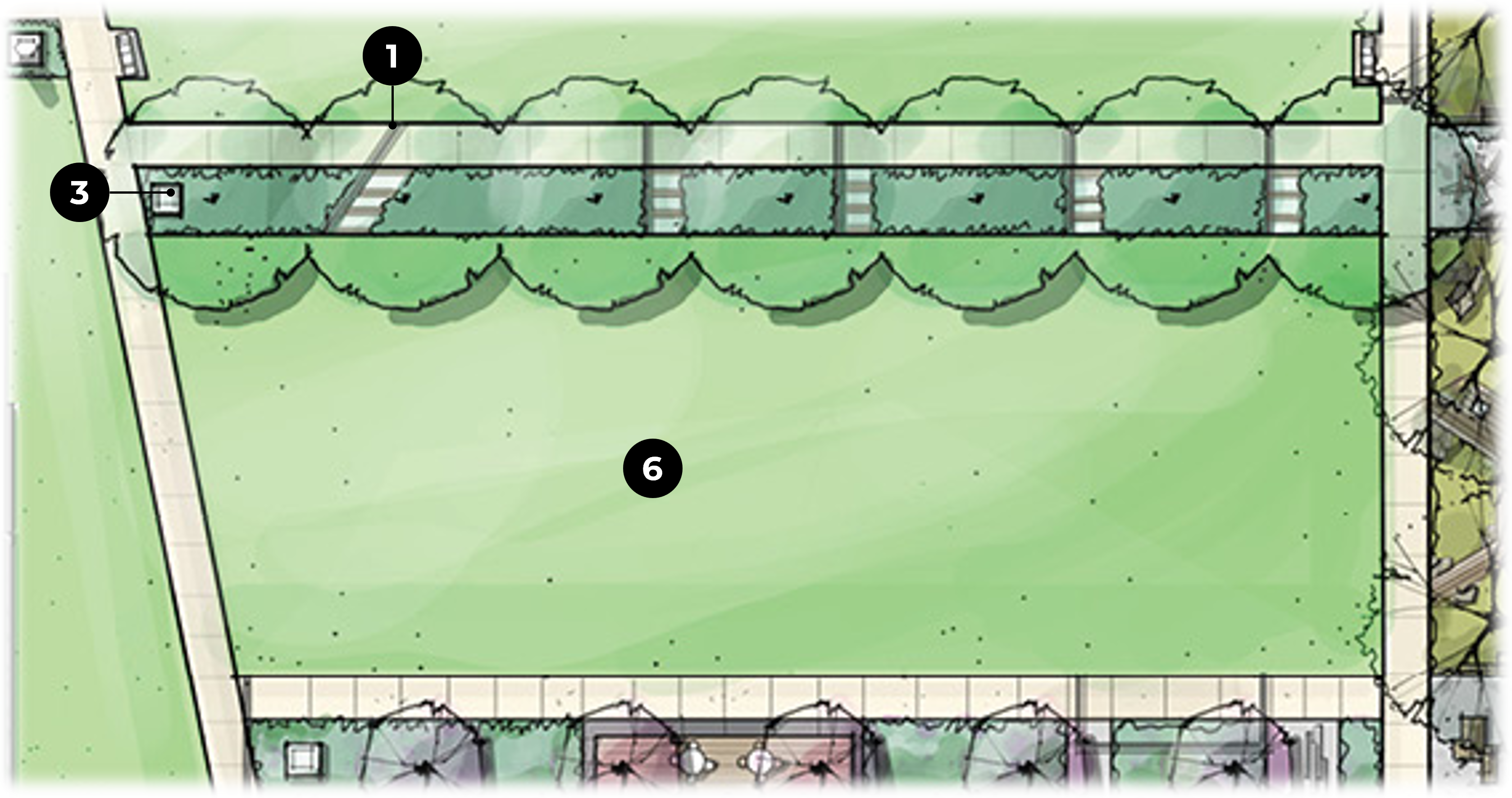Bird's-eye view rendering of proposed landscape improvements for Point Lumley Park with numbers listing the park's great lawn elements.