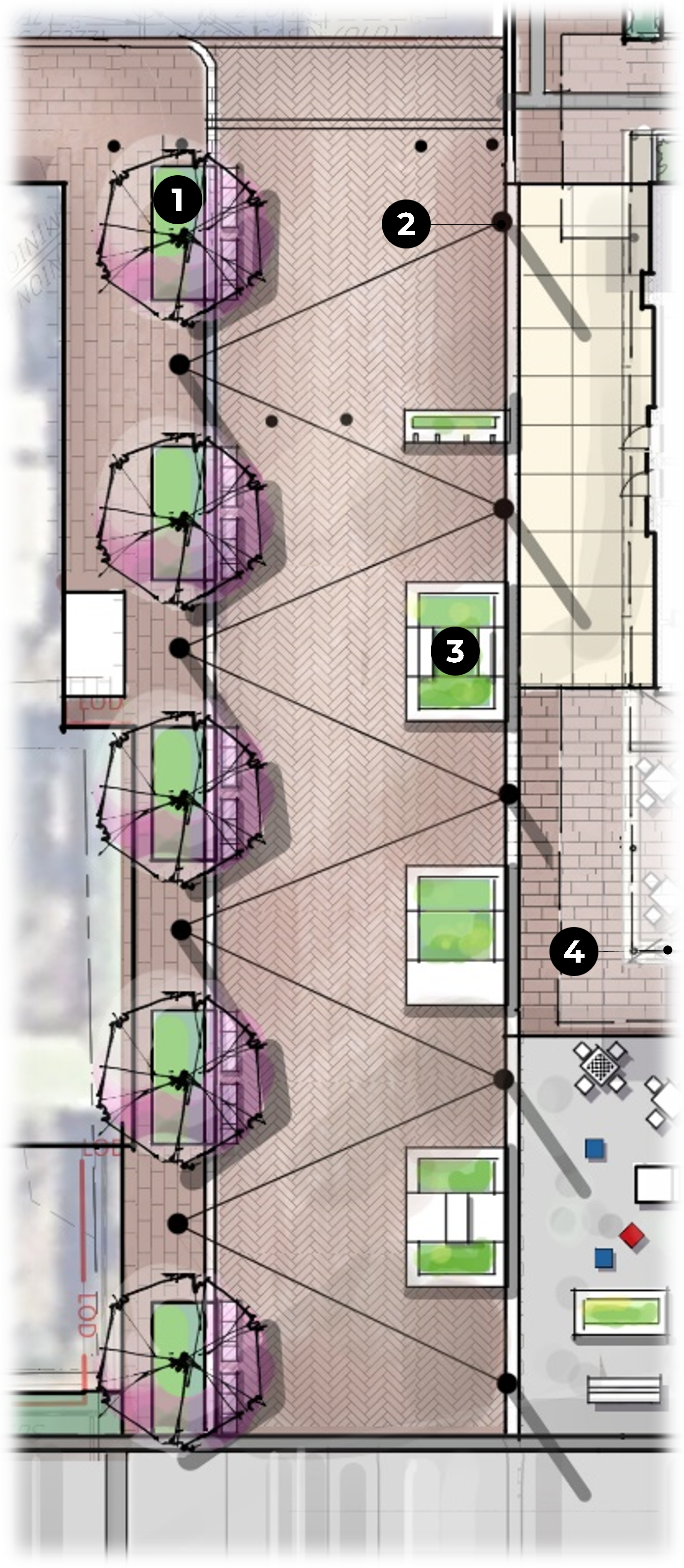 Rendering map of the Waterfront Park Prince Street Plaza area with components numbered.