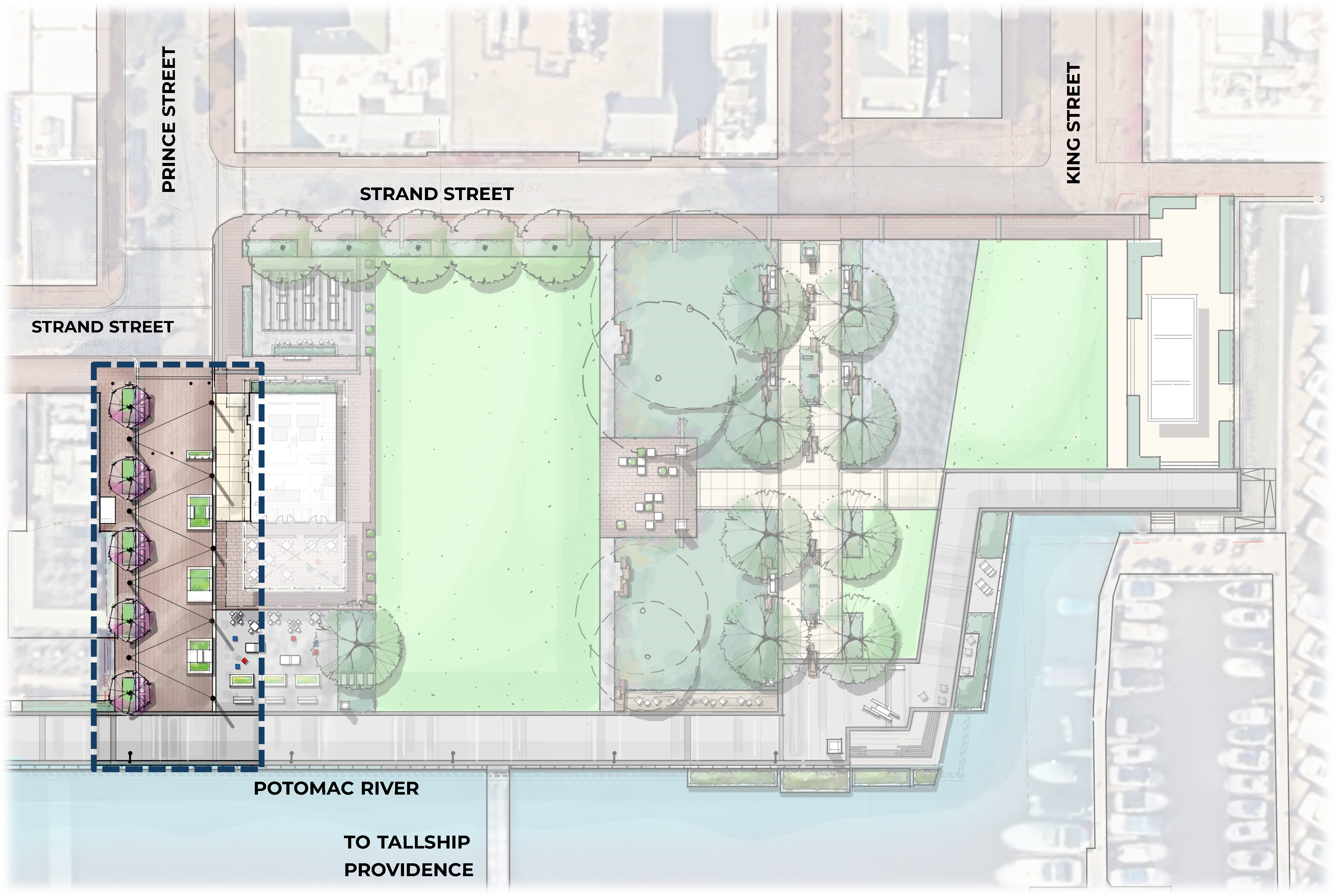 Rendering map of Waterfront Park with the Prince Street Plaza area highlighted.