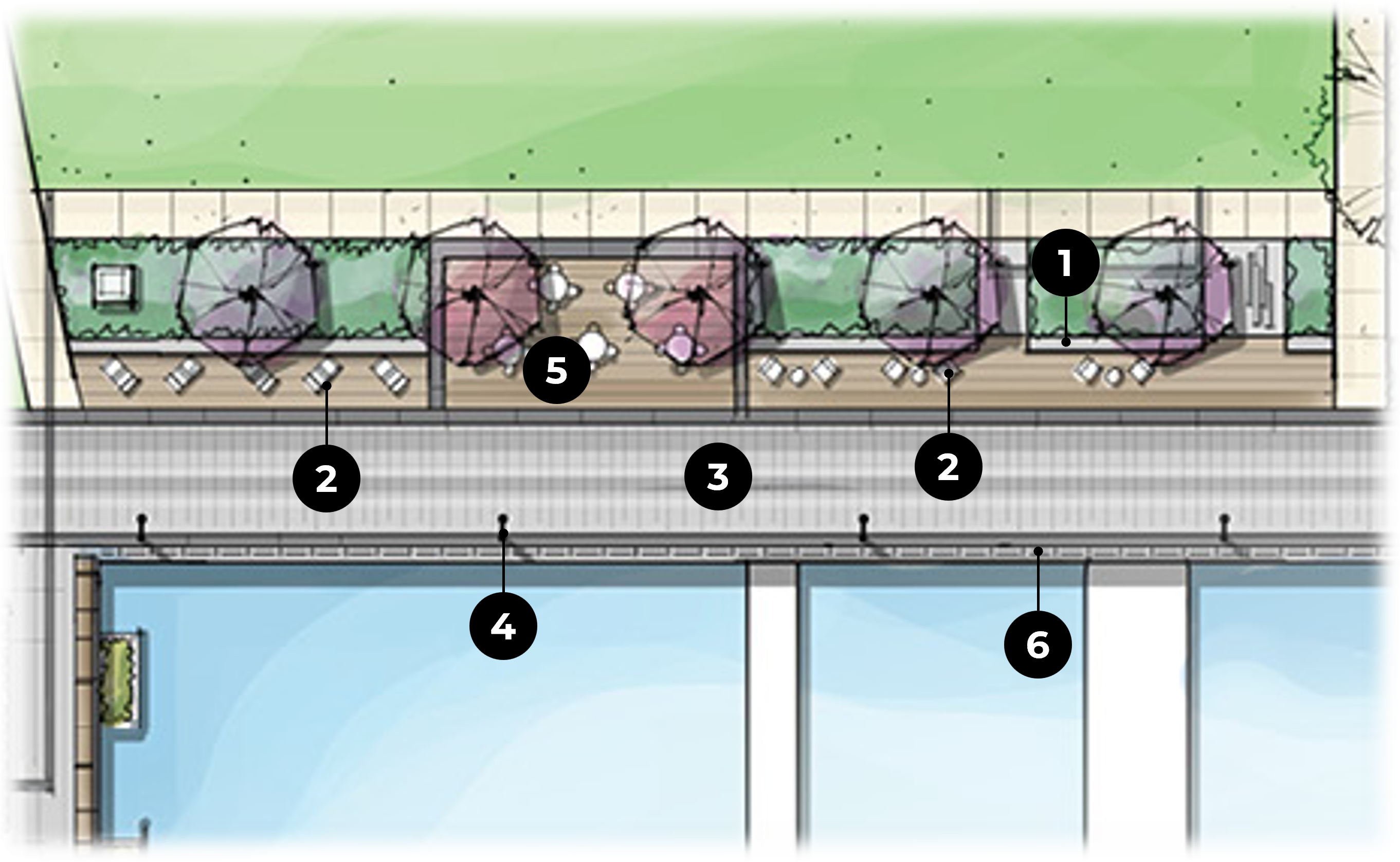 Bird's-eye view rendering of proposed landscape improvements for Point Lumley Park with numbers listing the park's promenade elements.
