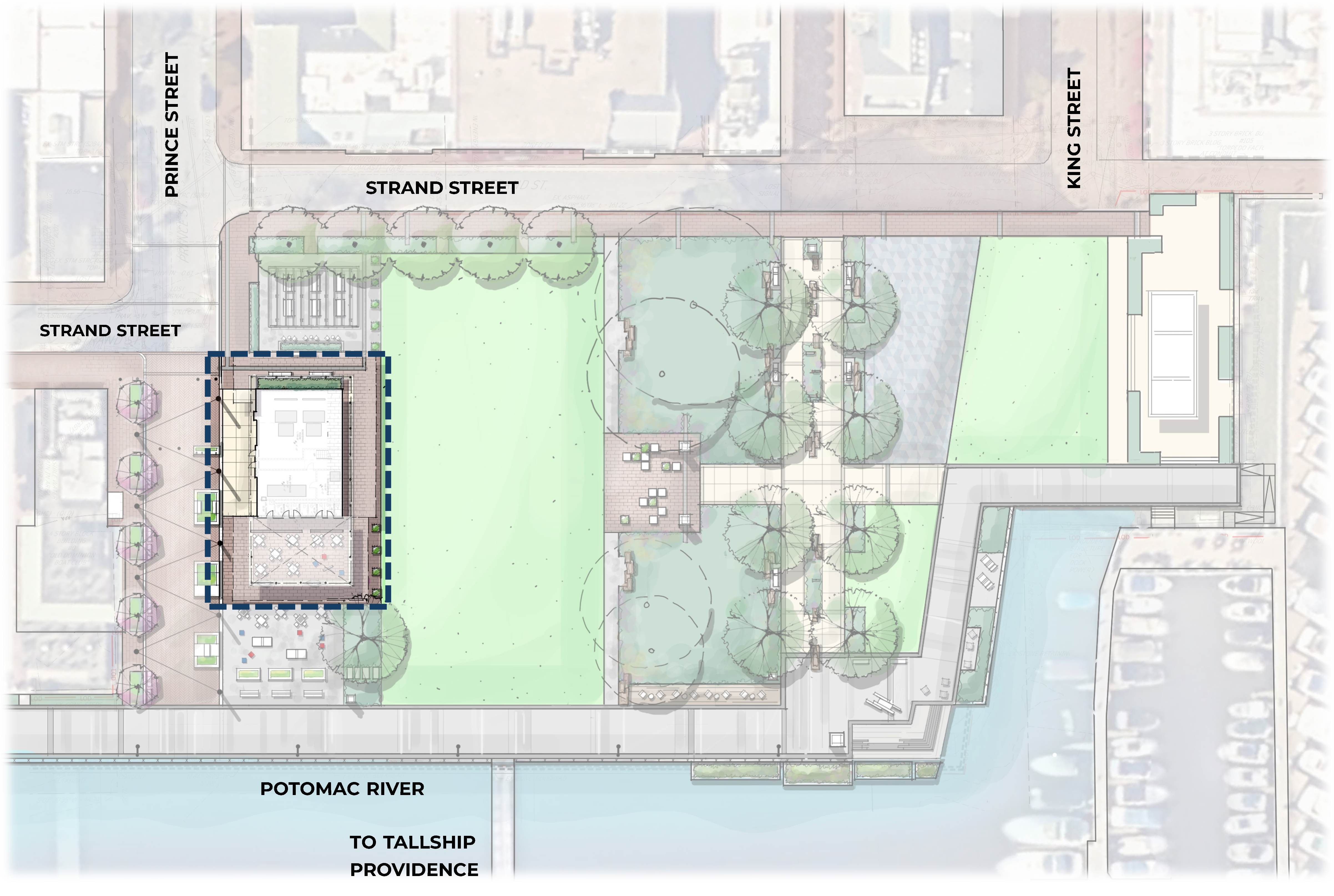 Rendering map of Waterfront Park with the Pump Station area highlighted.