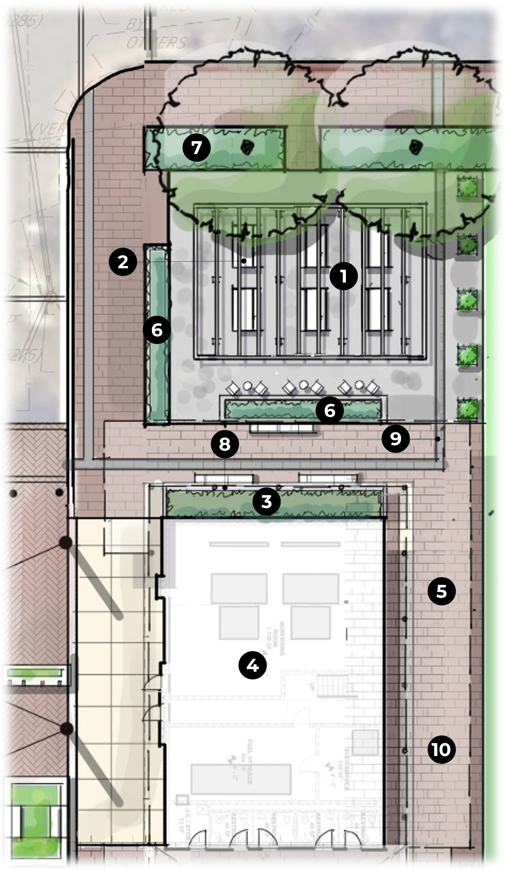 Rendering map of the Waterfront Park Strand Street West Plaza area with components numbered.