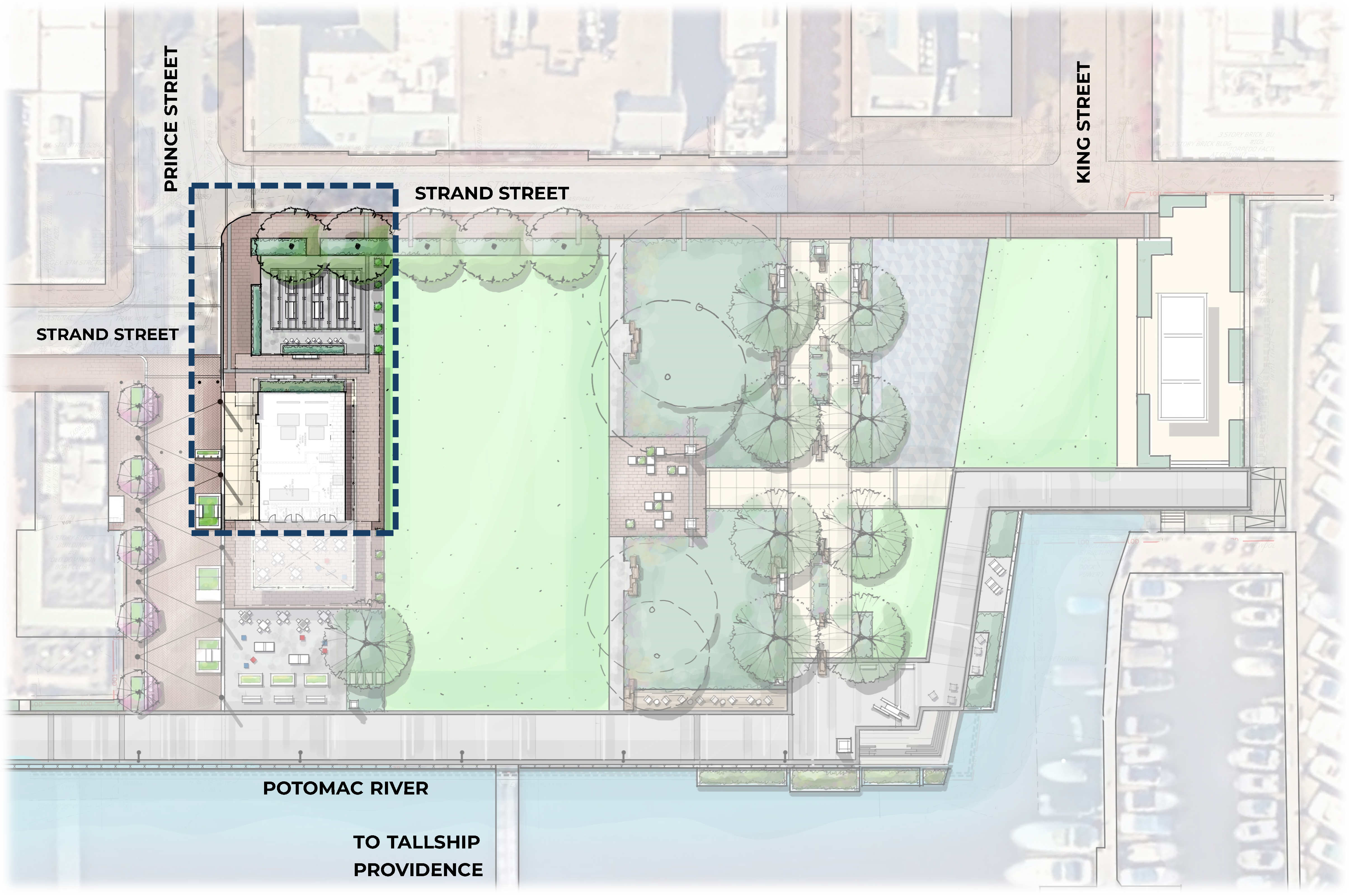 Rendering map of Waterfront Park with the Strand Street West Plaza area highlighted.