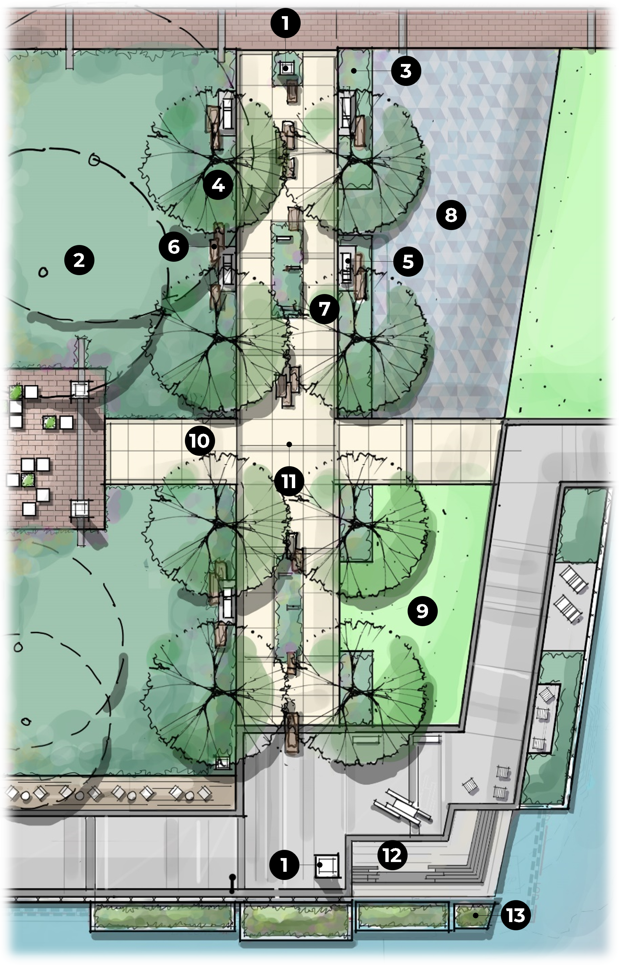 Rendering map of Wales Alley River Gateway area with components numbered.