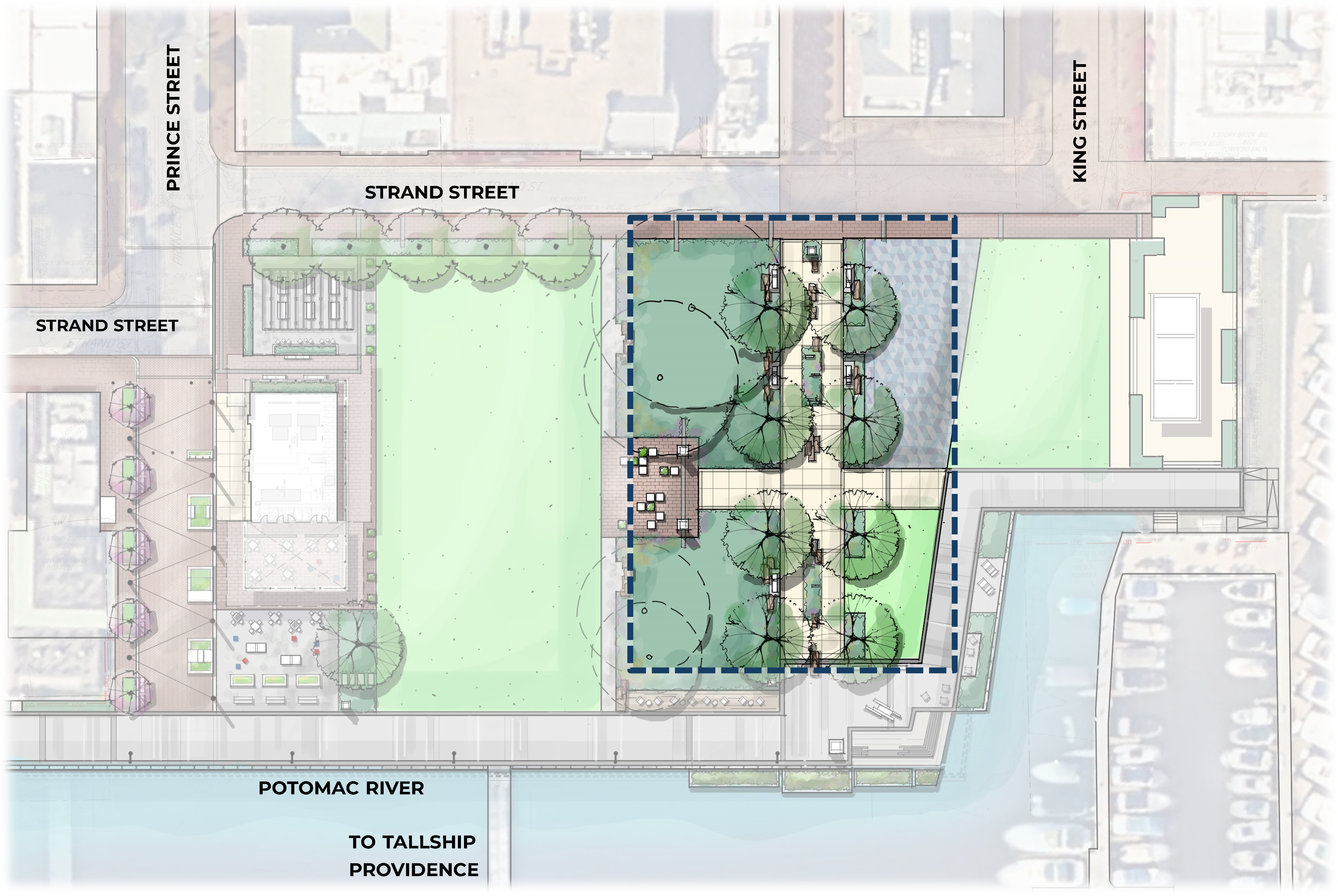 Rendering map of Waterfront Park with the Wales Alley River Gateway area highlighted.