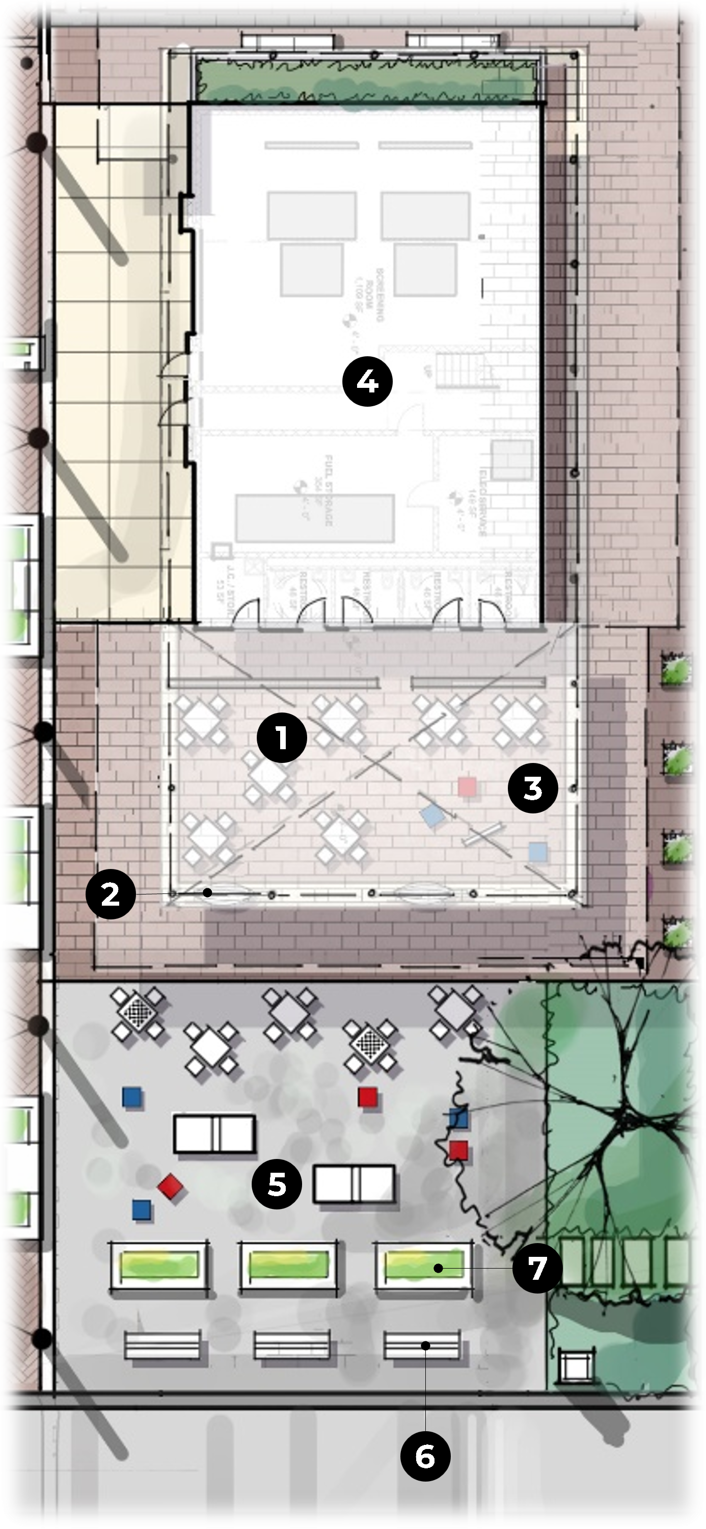 Rendering map of the Waterfront Park East Plaza area with components numbered.