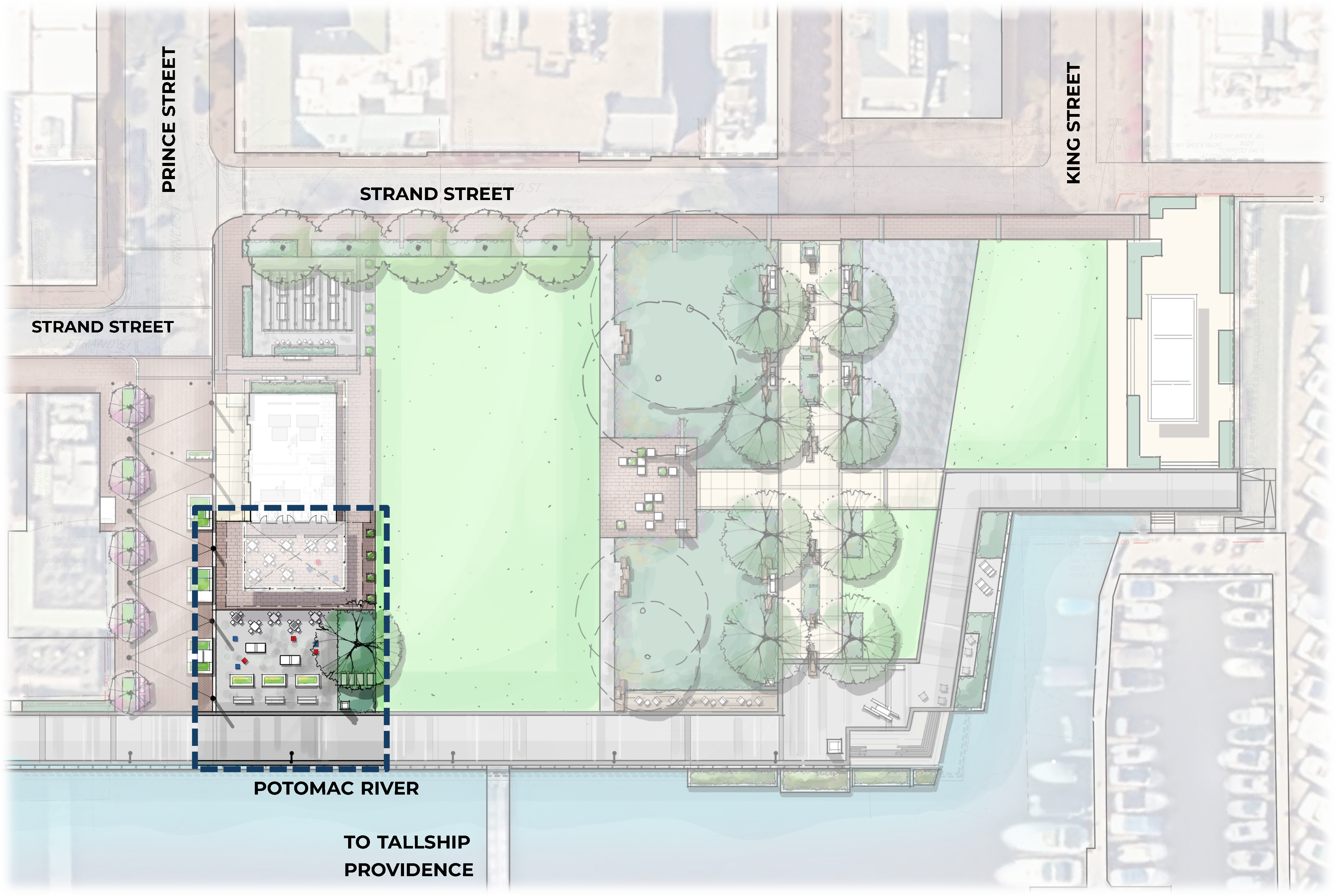 Rendering map of Waterfront Park with the East Plaza area highlighted.