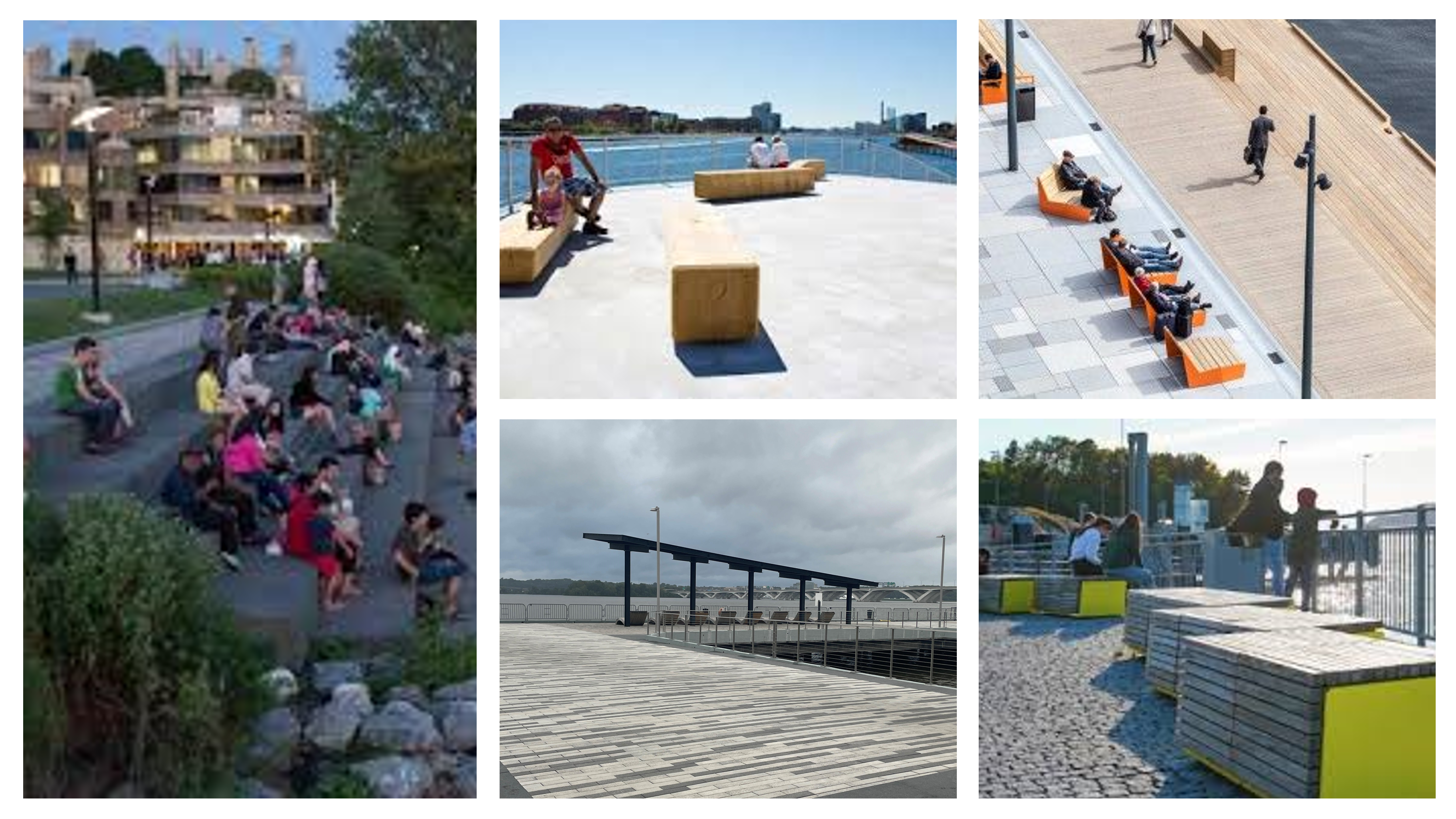 Materials and design inspiration used in the Waterfront Park promenade elements.