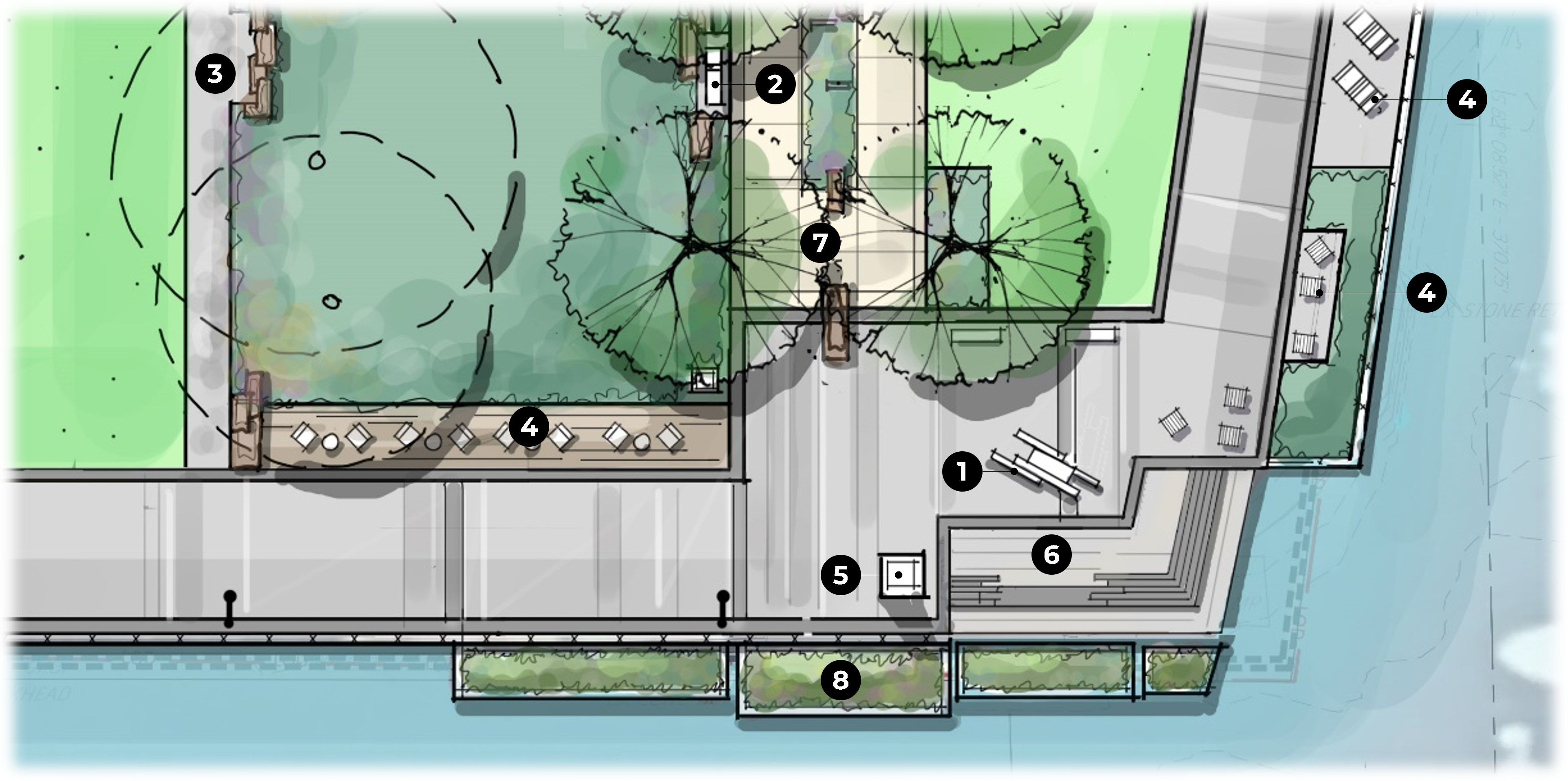 Rendering map of the Waterfront Park promenade area with components numbered.