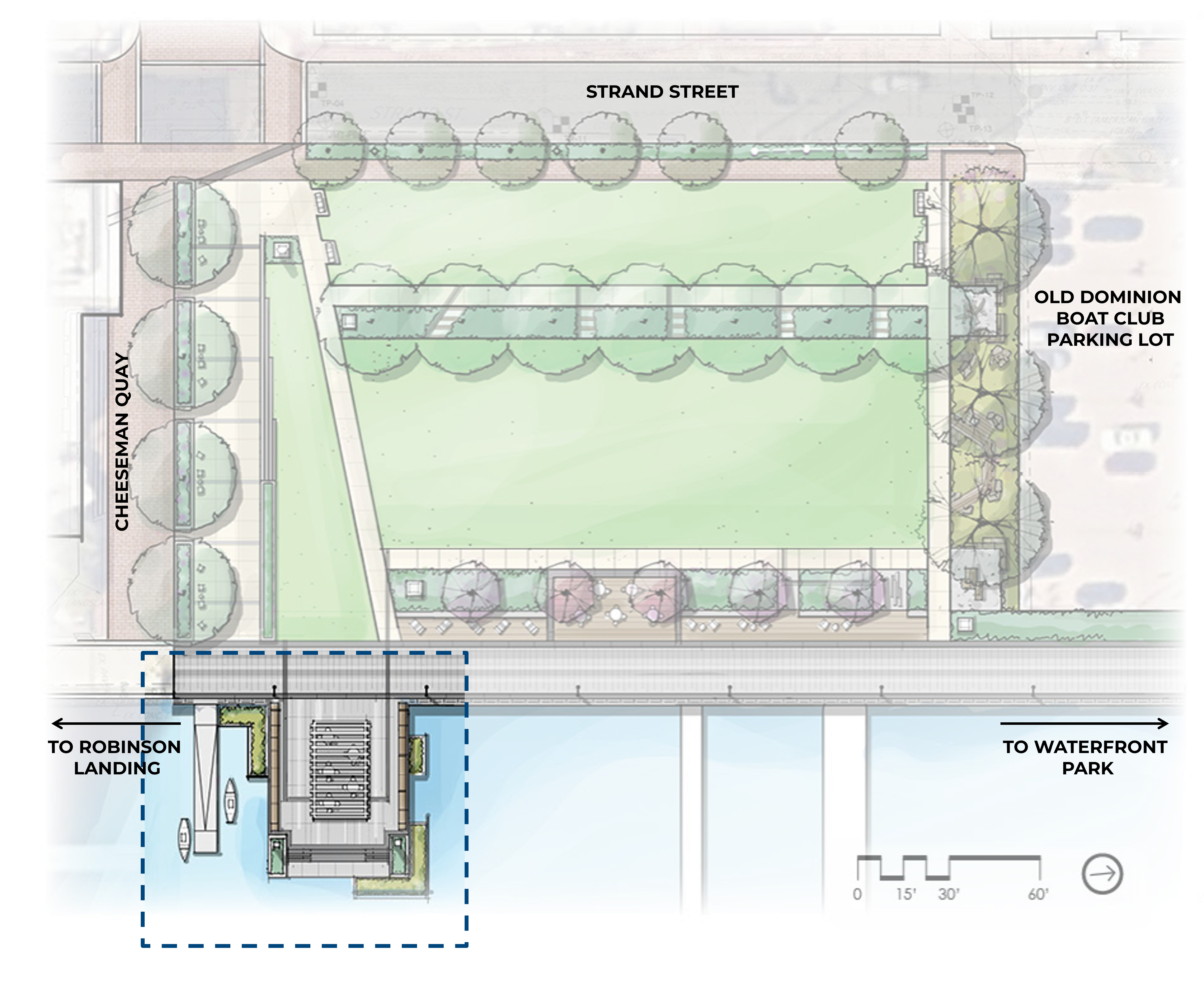 Bird's-eye view rendering of proposed landscape improvements for Point Lumley Park highlighting the wharf location.