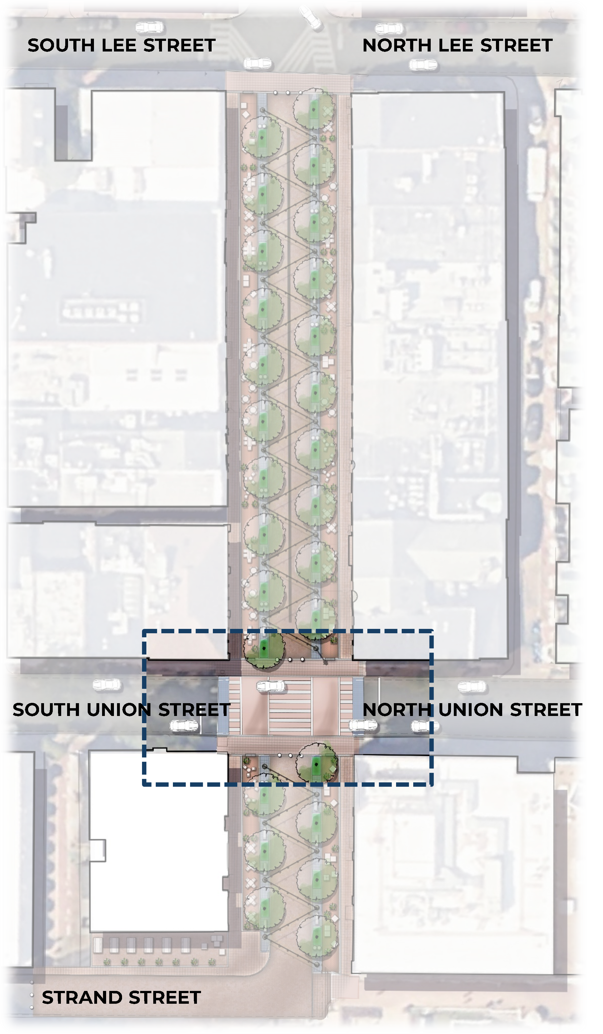 rendering map highlighting the location of the intersection of King Street and Union Street