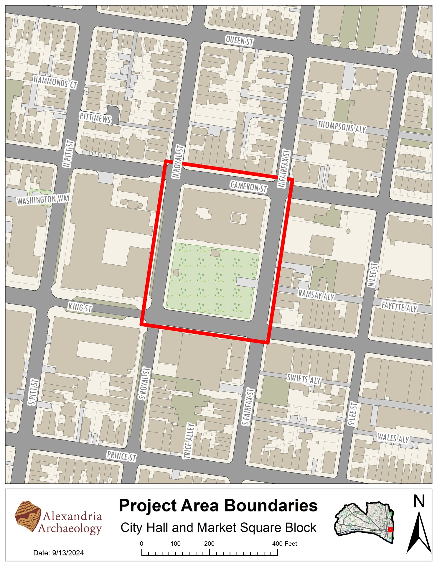 GIS map with Market Square outlined in red, caption "Projected Area Boundaries"