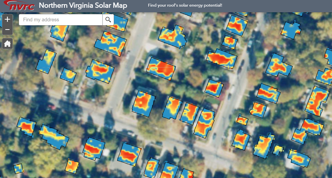 A birds' eye view of a residential neighborhood, with roofs colored in to show solar energy potential.