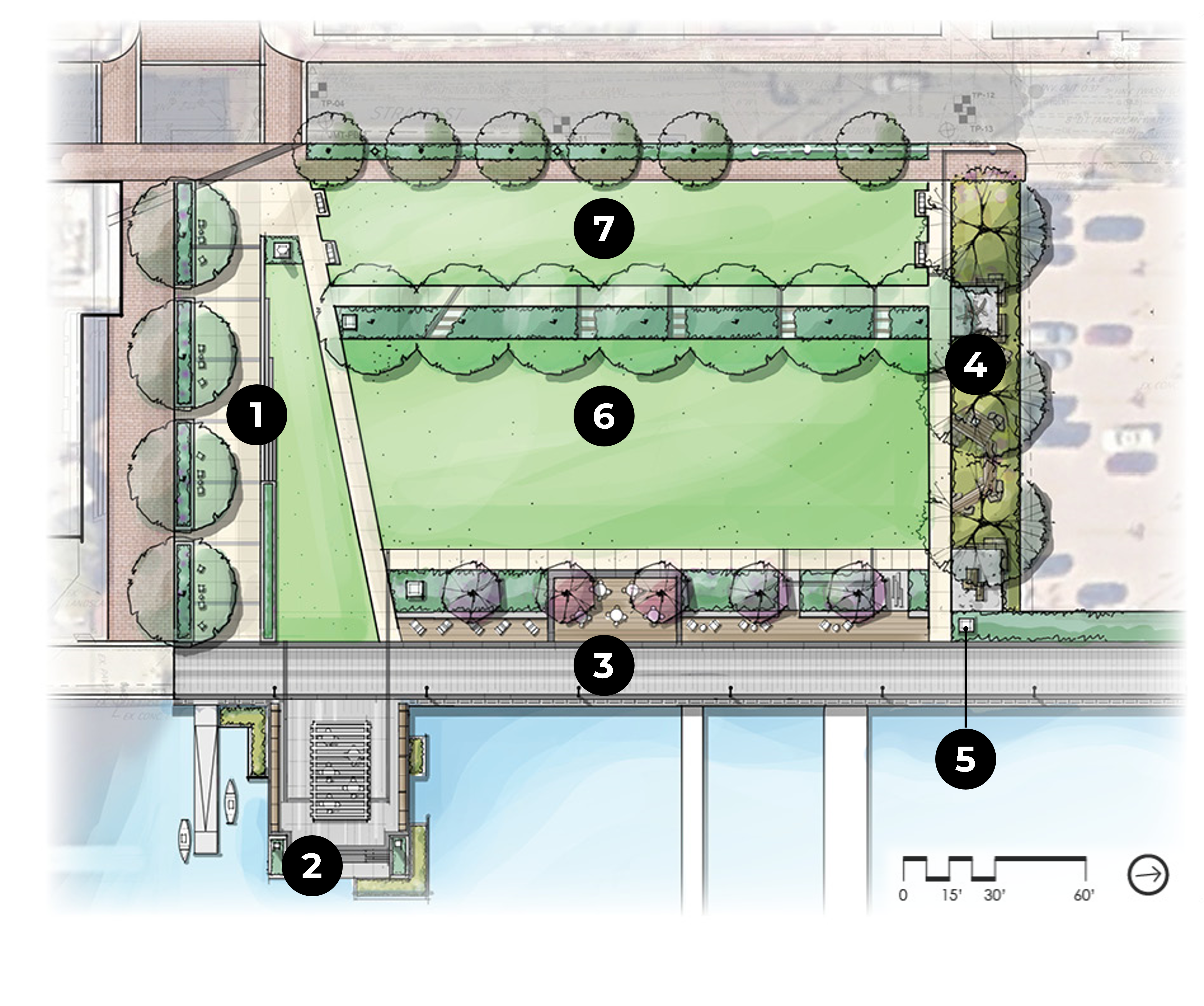 Rendering map showing the key design features.