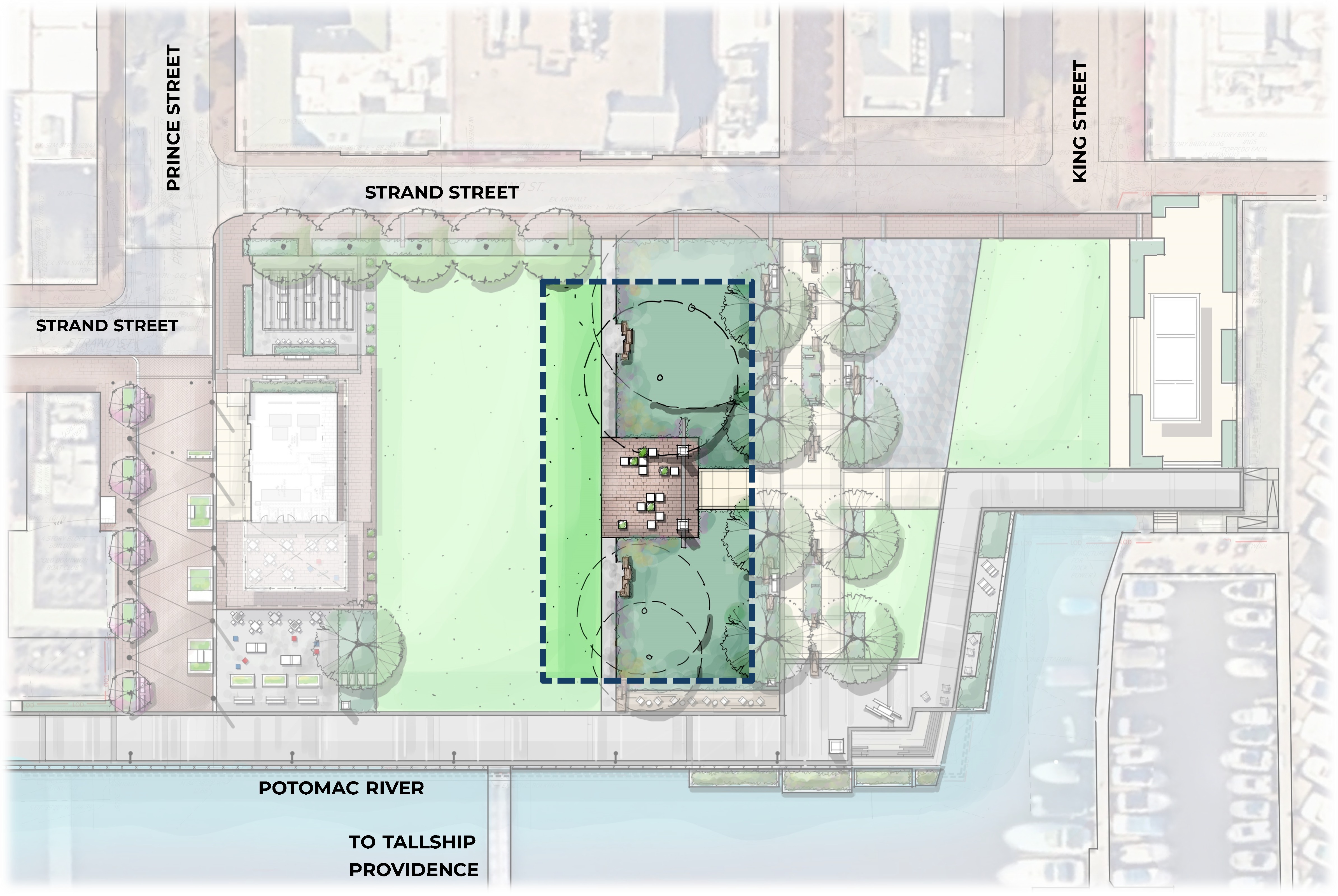 Rendering map of Waterfront Park with the Arrival Plaza area highlighted.