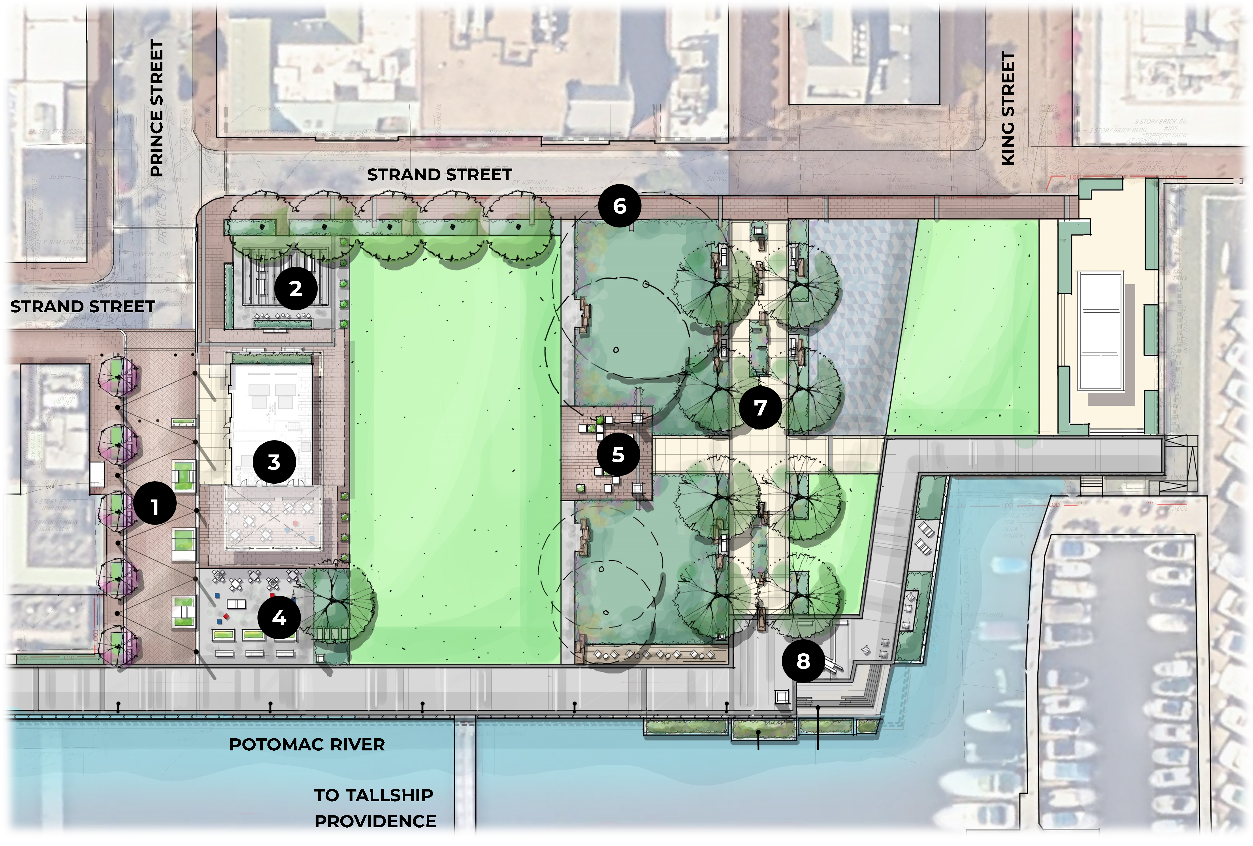 Rendering of the current proposed Waterfront Plan with numbers indicating the locations of main areas of development.
