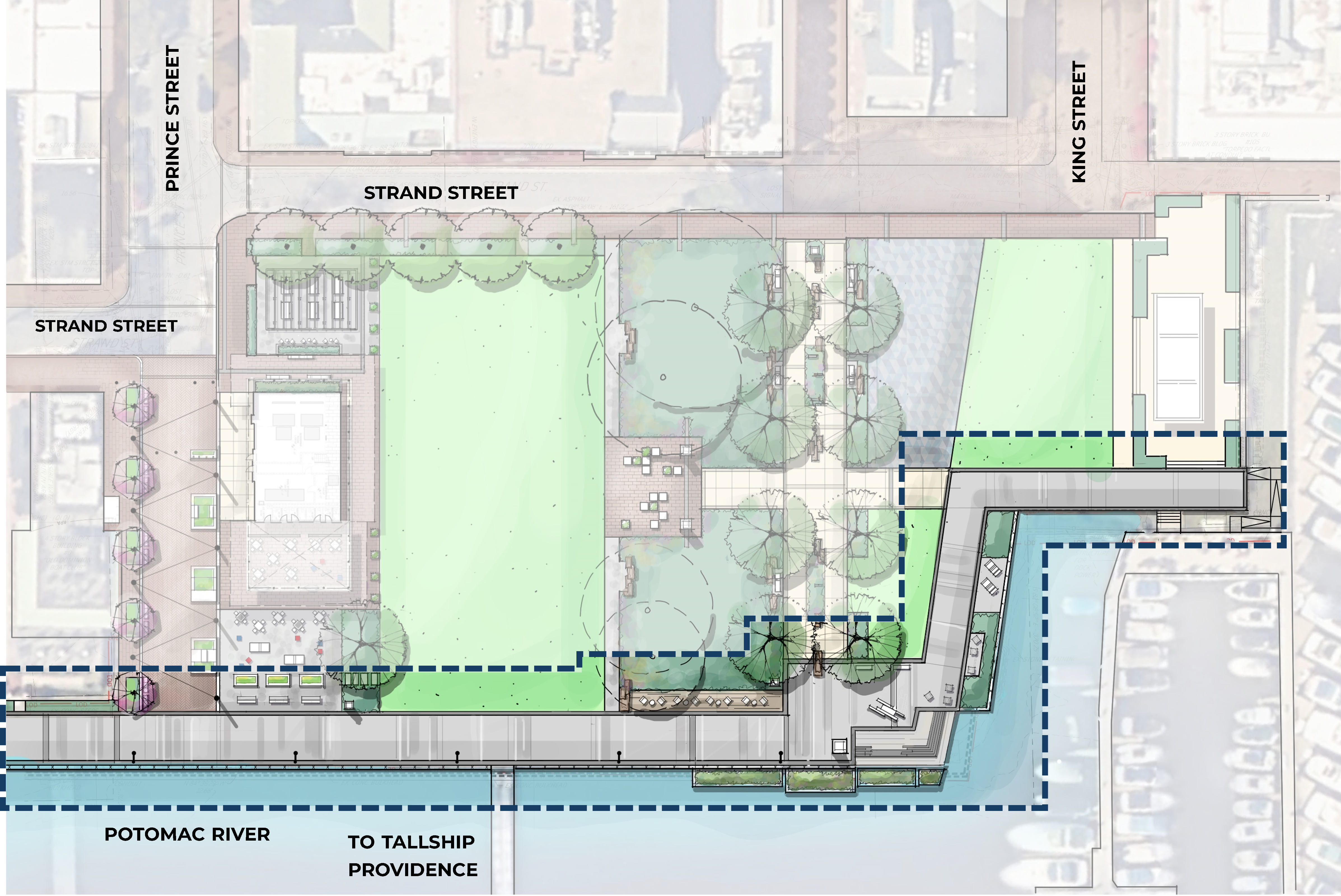 Rendering map of Waterfront Park with the promenade area highlighted.