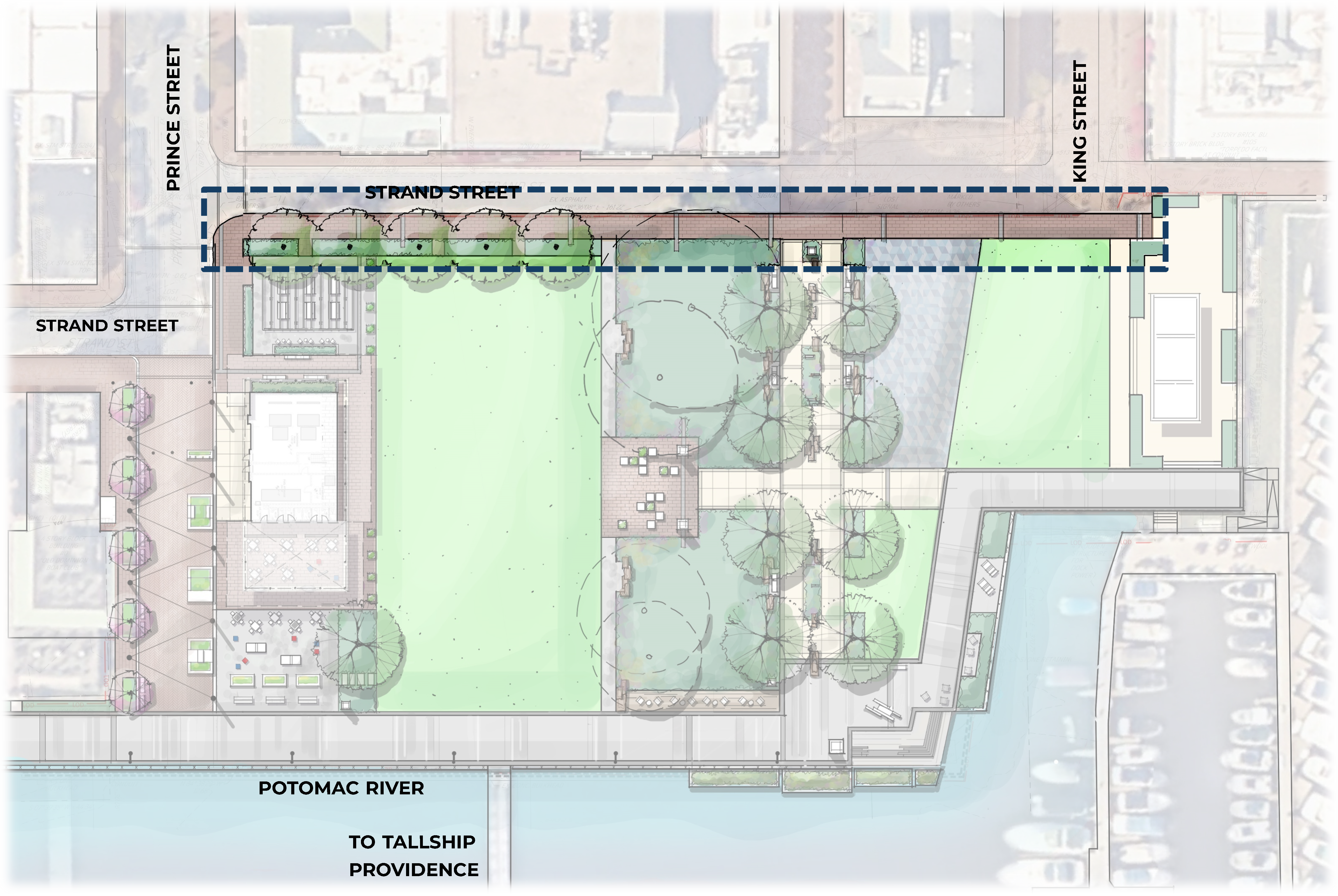 Rendering map of Waterfront Park with the Strand Street Walkway area highlighted.