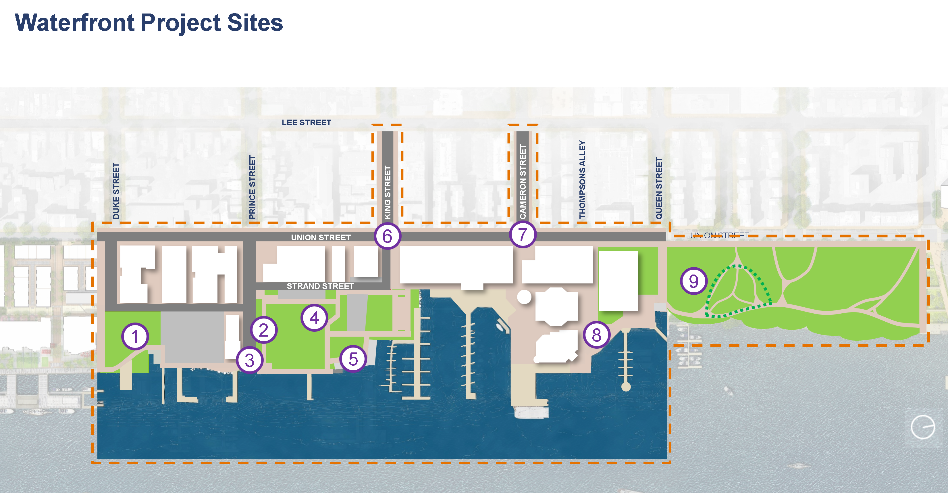 Updated map showing the nine component sites associated with the Waterfront Flood Mitigation Project.