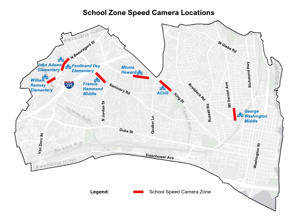 A map of the City of Alexandria showing school speed camera zones at William Ramsay Elementary, John Adams and Ferdinand Day Elementary, Francis Hammond Middle, ACHS Minnie Howard and King Street campuses, and George Washington Middle.