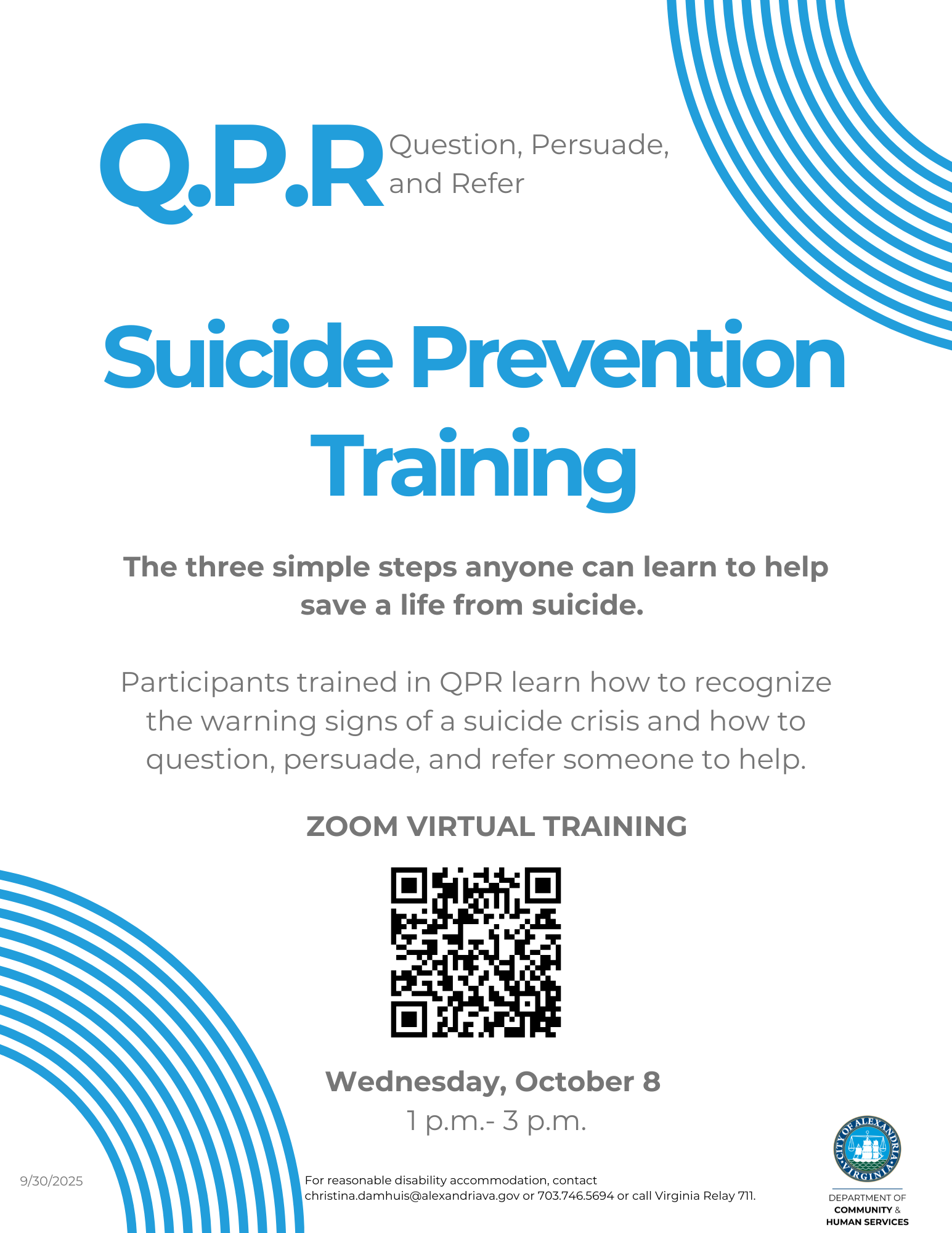 flyer showing dates to register for QPR Suicide Prevention