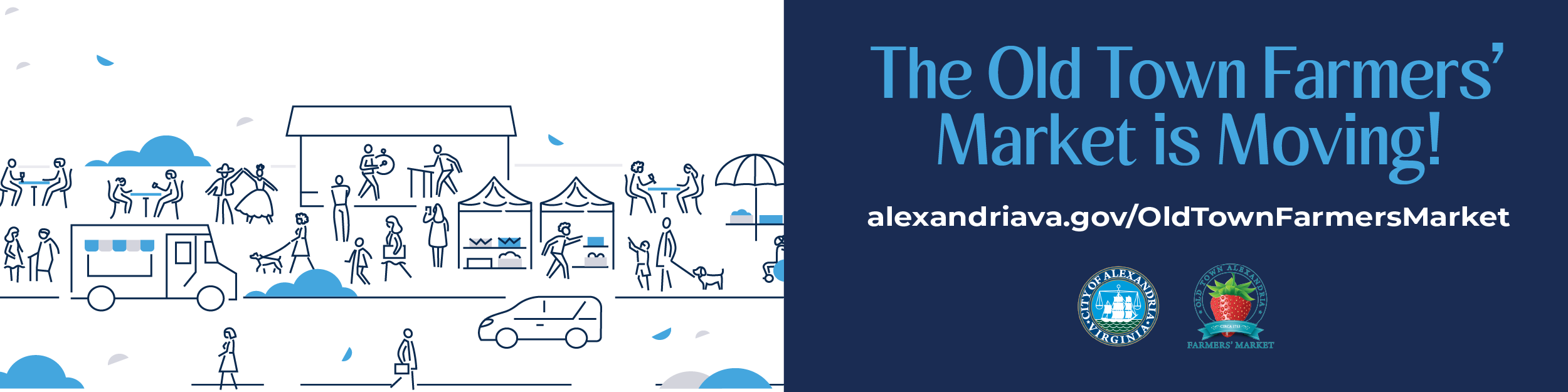Line illustration of a street scene with people enjoying a farmers' market. The text reads "The Old Town Farmers' Market is Moving! alexandriava.gov/OldTownFarmersMarket