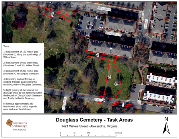 Douglass Cemetery map showing task areas as outlined above