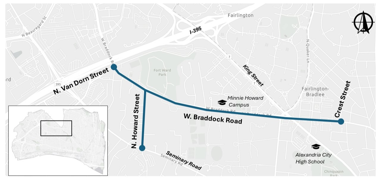 A site map of the project area, highlighting West Braddock Road from North Van Dorn Street to Crest Street, and North Howard Street from Seminary Road to West Braddock Road.