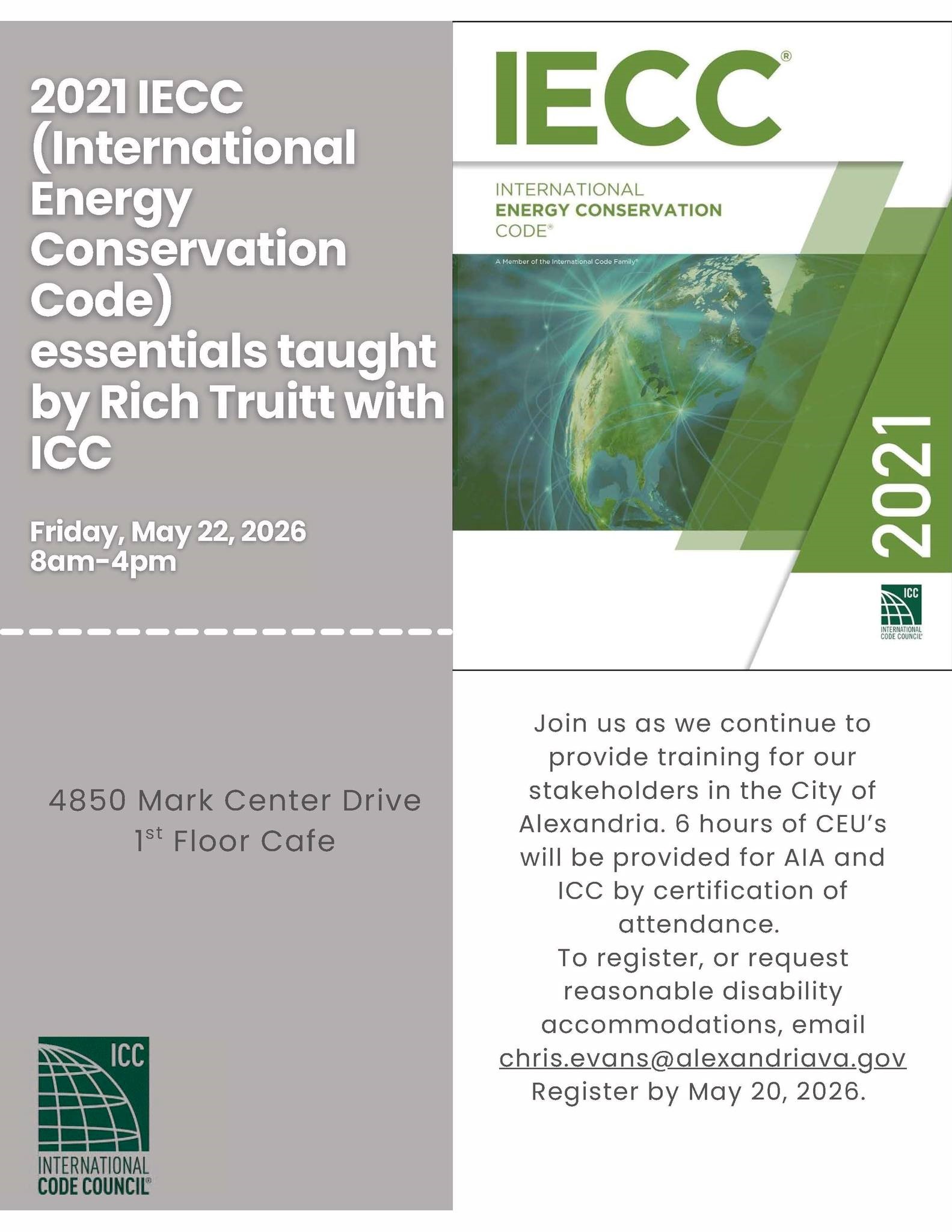 Flyer for 2021 IECC Essentials training with ICC on May 22 at the Mark Center featuring energy code training and 6 AIA/ICC CEU hours