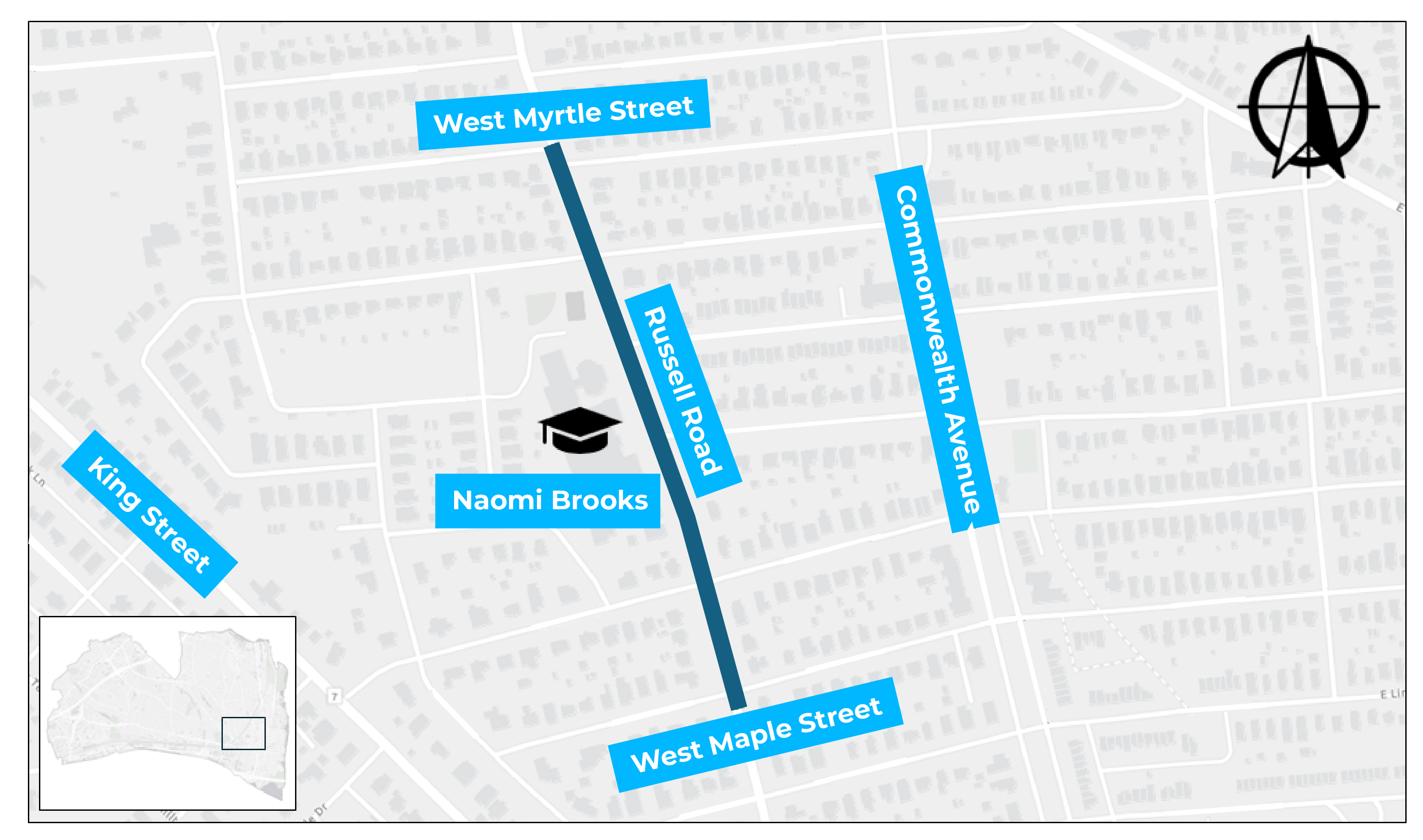 Map of potential safety improvements along Russell Road near Naomi Brooks Elementary School to support safer walking, biking, and driving.
