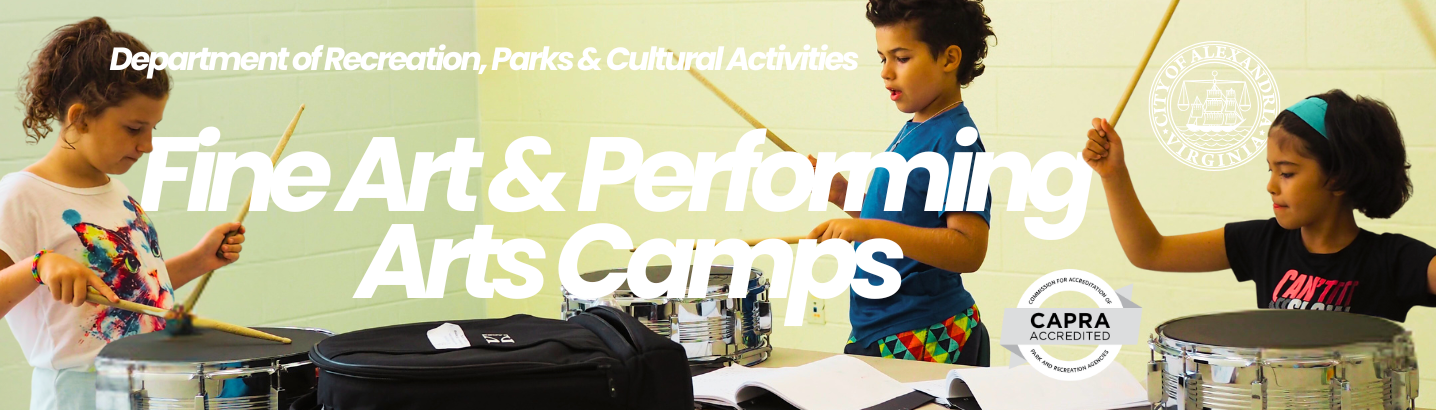 Words Department of Recreation, Parks & Cultural Activities Fine Art & Performing Arts Camps laid on an image with three kids playing instruments. COA and CAPRA logos also in white like the words on the image.