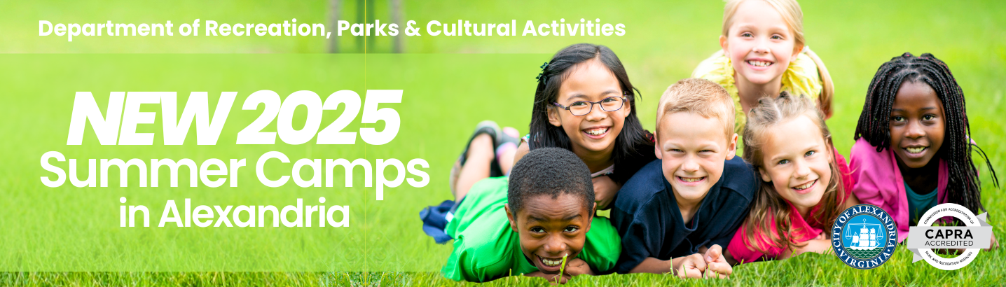 Image of children smiling while laying on grass and the words New 2025 Summer Camps in Alexandria