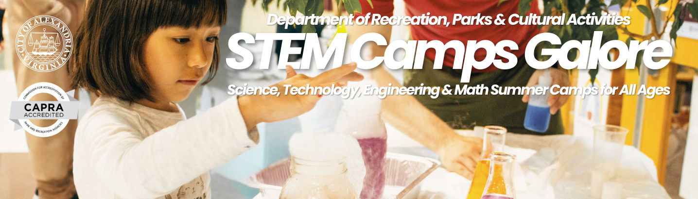 Image of a female child engaged in a science experiment with the words STEM Camps Galore