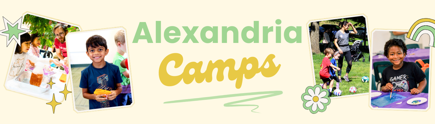 Four full color images of Alexandria kids at camps exploring science experiments, theatre, arts, and soccer. The words Alexandria Camps in the middle