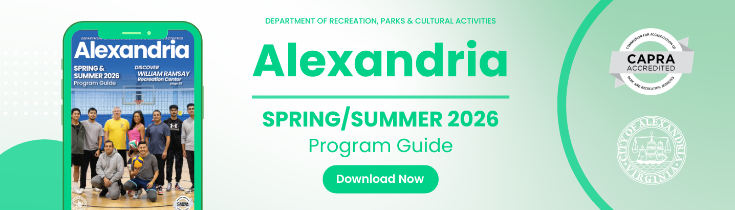 iPhone showing the latest program guide with green words Alexandria Spring Summer 2026 Program Guide Download Now and the Capra and COA logos on the right