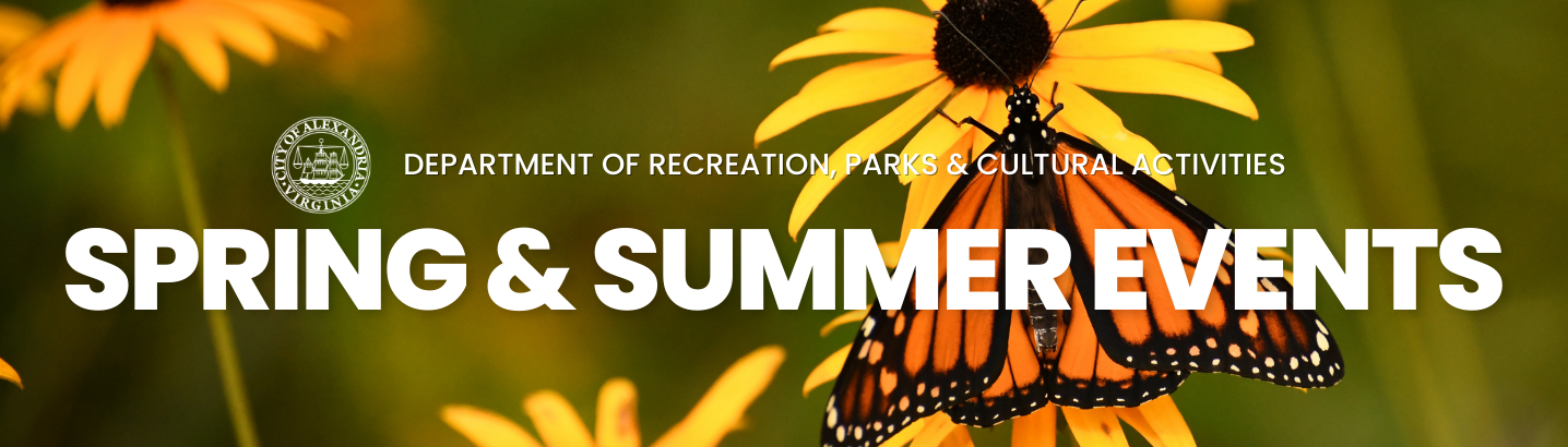 Monarch butterfly on golden flowers with the City seal Department of RPCA Spring & Summer Events in white on top of the image