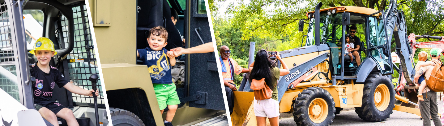 Smiling boy wearing a yellow hard hat with the City of Alexandria logo on it sitting in a truck, little boy smiling while coming out of a tank with his mom's hand guiding him, yellow truck with a dad and daughter sitting in it while the mom takes a picture of them from the outside and people waiting in line for their turn surrounding the truck