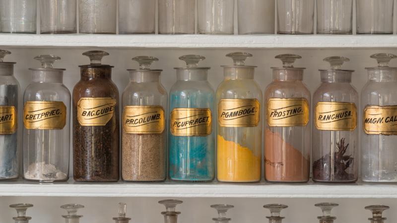 Glass Bottles on display a the Stabler-Leadbeater Apothecary Museum