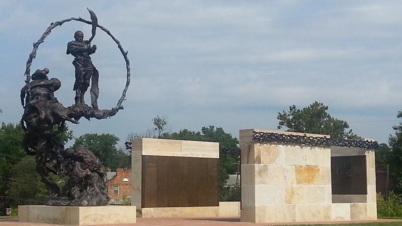 Contrabands and Freedmen Cemetery Memorial with sculpture and wall of names