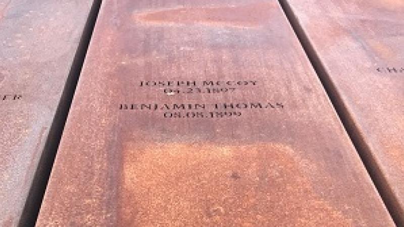 Alexandria pillar inscribed with the names of Alexandria lynching victims Joseph McCoy and Benjamin Thomas