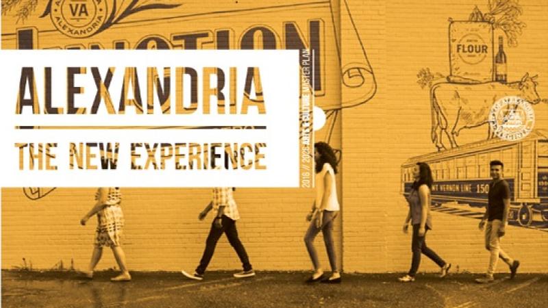 Cover image for Alexandria's Arts & Culture Master Plan. Five people walking in front of a mural. The image has a yellow overlay.