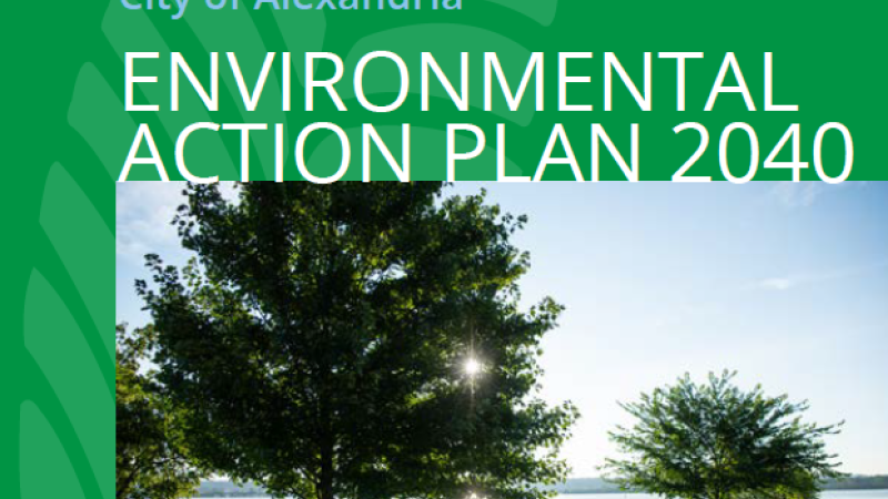 A photo of the cover of the Environmental Action Plan report--reads "Environmental Action Plan 2040" along with photo of person jogging by the Potomac