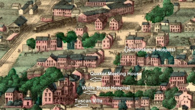 Quaker Meeting House (Friends Hospital) and nearby hospitals marked on Birdseye View of Alexandria.