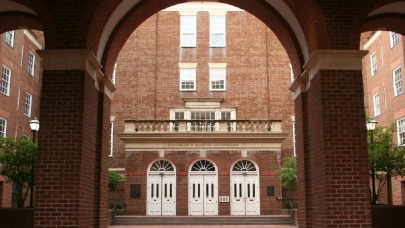 exterior of courthouse and view of courtyard