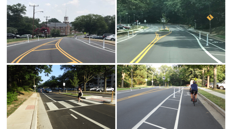 Photos of North Van Dorn street after addition of new lane markings and protected bike lanes