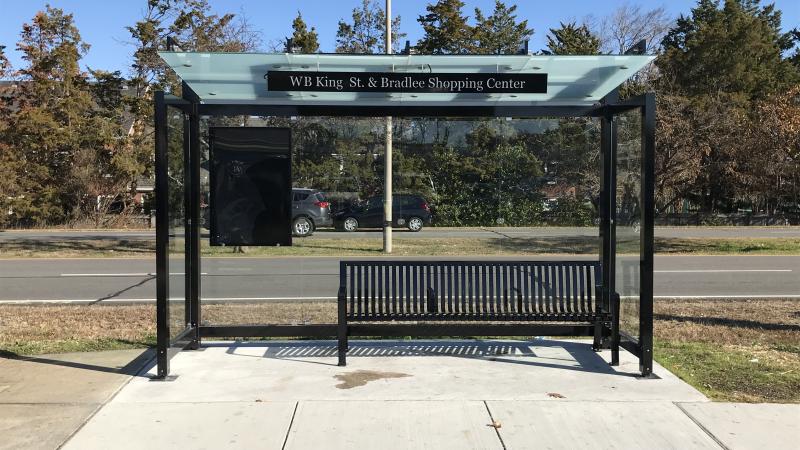 Photo of a new bus shelter in front of Bradlee Shopping Center on King Street
