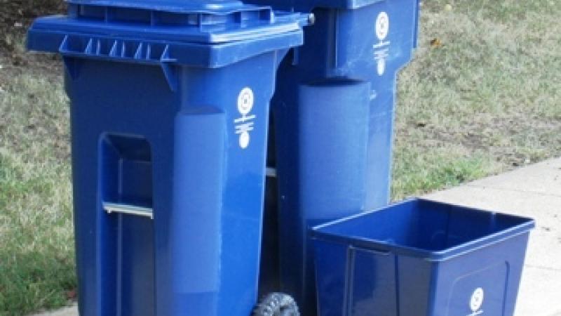 Photo of three blue recycling carts used in Alexandria