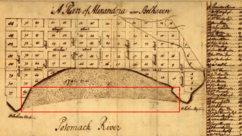 Waterfront Study Area shown as red rectangle on 1749 Plan of Alexandria