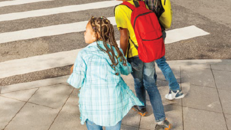 A group of young children crossing the street